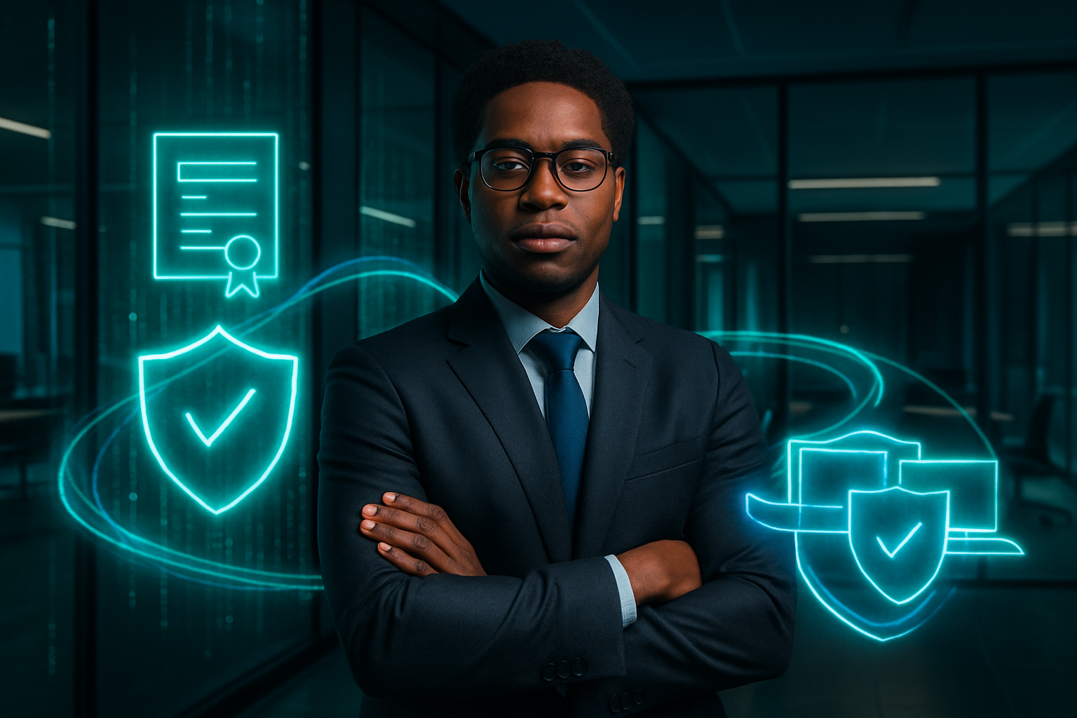 Professional cybersecurity consultant with digital security icons
